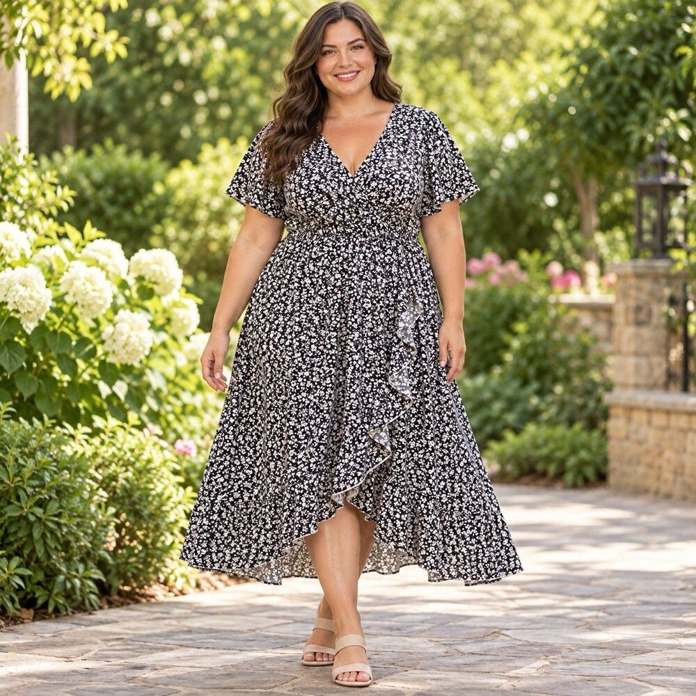SHEIN Curve Womenās 3XL Black White Floral Wrap Midi Dress Ruffle Flutter Sleeve